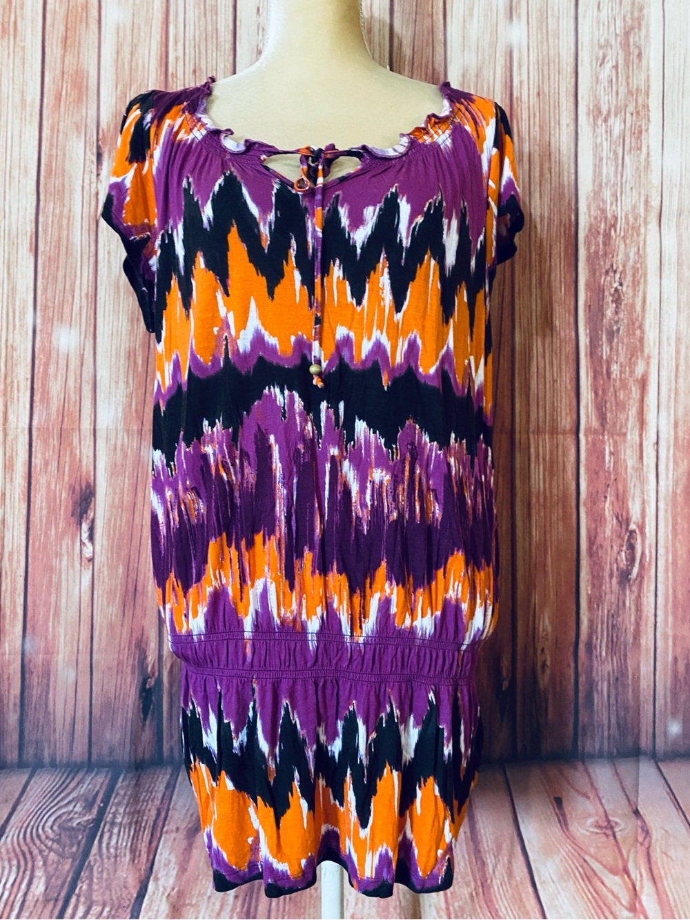 Women’s Large Blouse Brina Em Multicolored Short Sleeves V Neck Elastic Waist